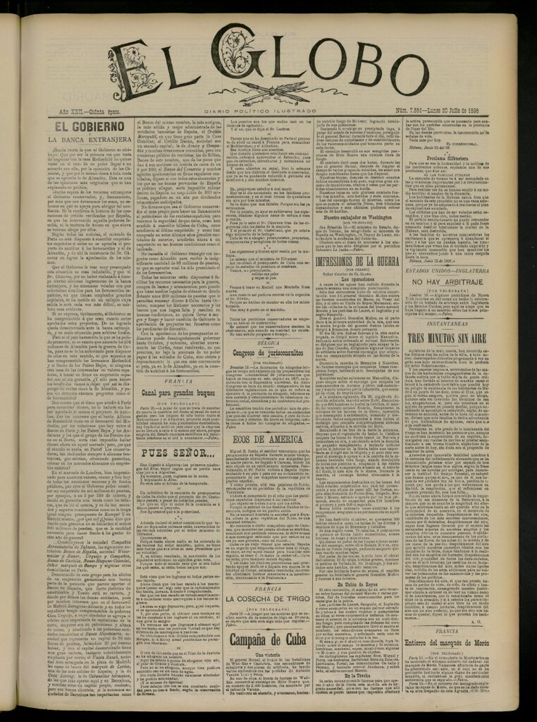 Miniatura de El Globo : diario ilustrado del 20 de julio de 1896, nº 7551