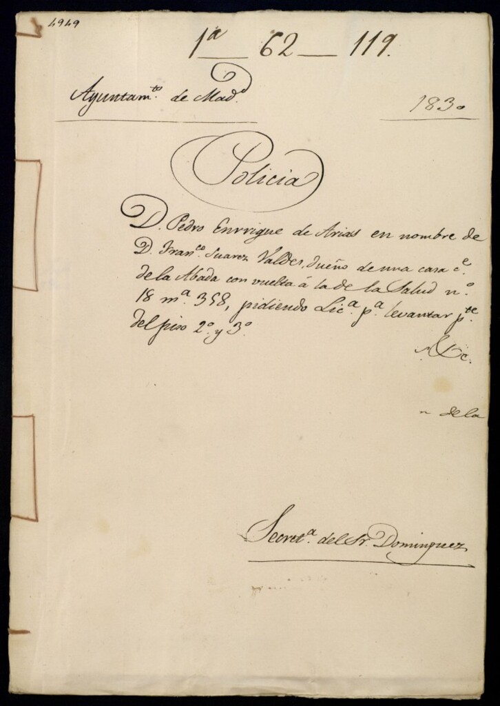 Miniatura de Don Pedro Enrique de Arias en nombre de Don Francisco Suárez Valdes, dueño de una casa en la calle de la Abada con vuelta a la de la salud, 18, manzana 358, pidiendo licencia para levantar parte del piso segundo y tercero.