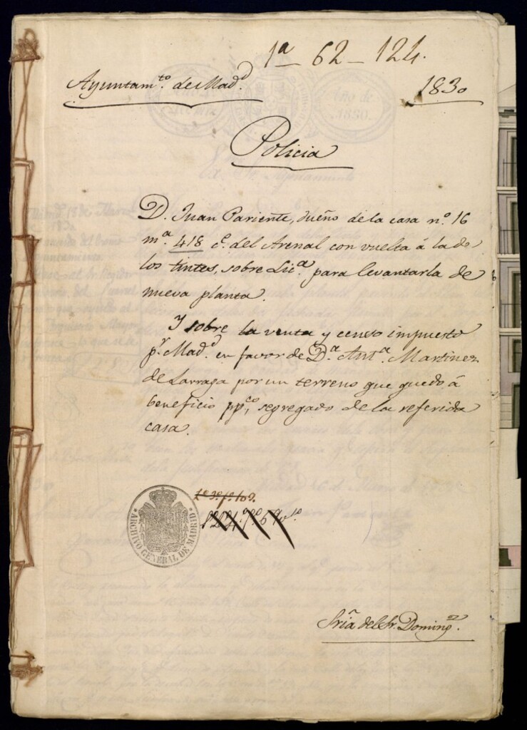 Miniatura de Don Juan Pariente, dueño de la casa número 16 manzana 418, calle del Arenal con vuelta a la de los Tintes sobre licencia para levantarla de nueva planta. Y sobre la venta y censo impuesto por Madrid a favor de Doña Antonia Martínez de Larraga por un terreno que queda a beneficio público segregado de la referida casa.