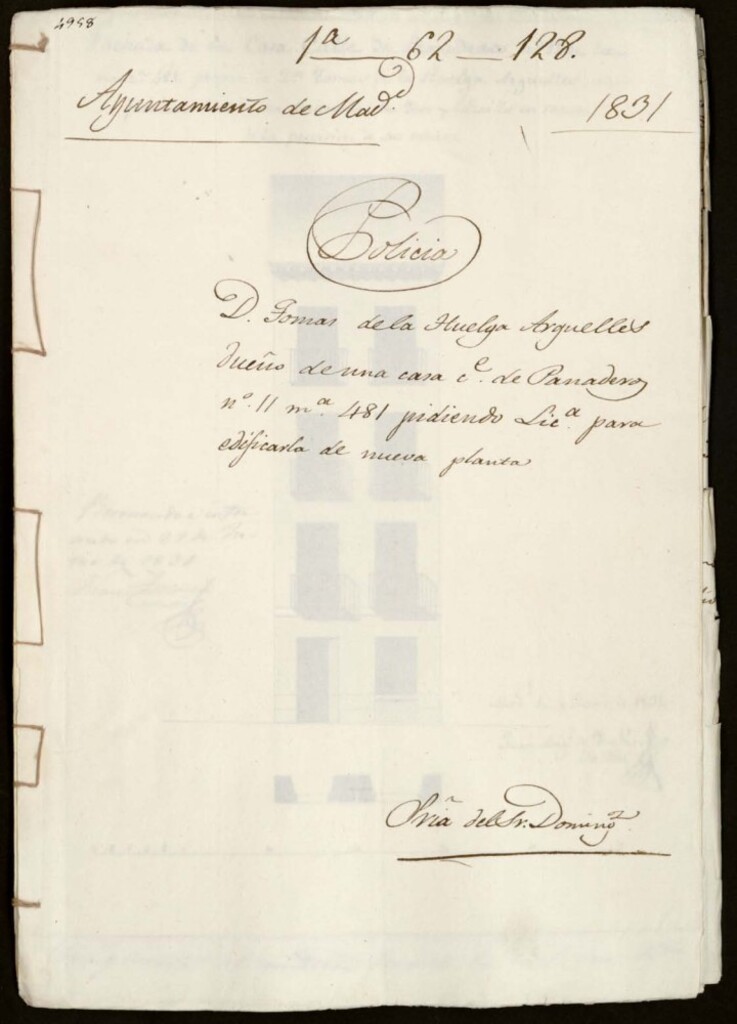Miniatura de Don Tomás de la Huelga Arguelles, dueño de una casa de la calle de Panaderos número 11, manzana 481 pidiendo licencia para edificarla de nueva planta