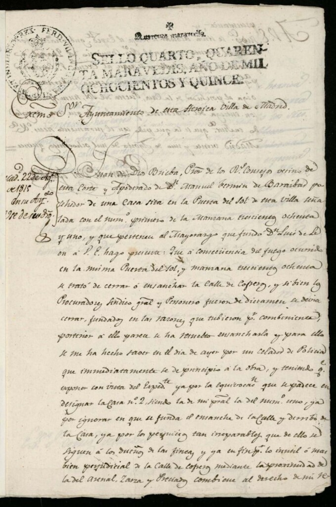 Miniatura de Licencia a Don Juan de Dios Briva apoderado de Don Manuel Fermín de Barayvar para reahabilitar la casa nº 1 antiguo, manzana 381 de la Puerta del Sol esquina a la del Cofre