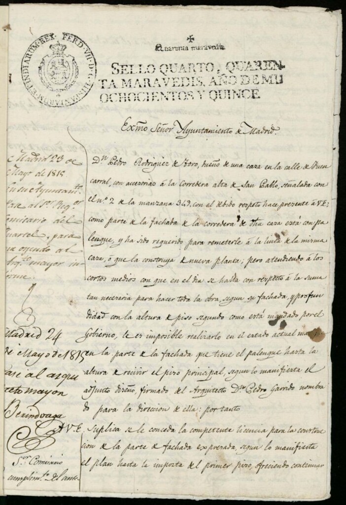 Miniatura de Licencia a Don Pedro Rodríguez Toro para construir parte de la fachada de la casa en la corredera Alta de San Pablo nº 2 antiguo, manzana 349