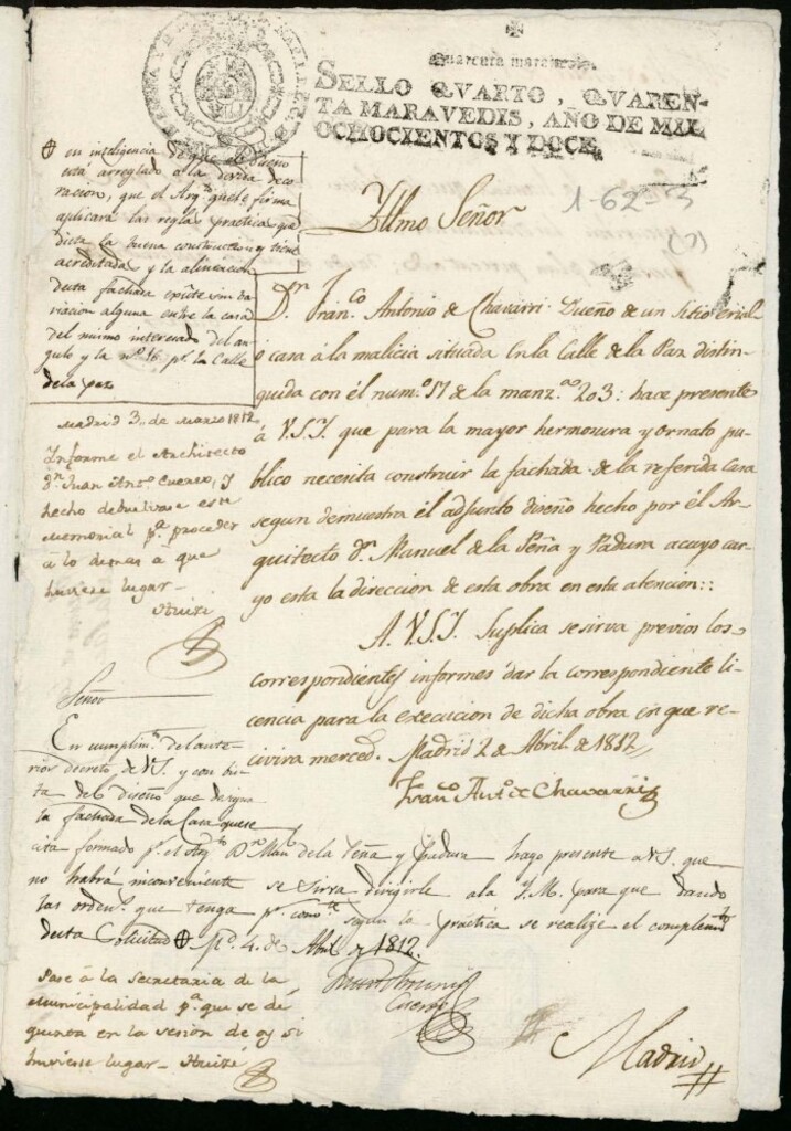 Miniatura de Licencia a Francisco Antonio de Chávarri para construir la fachada de la casa en la calle de la Paz nº 17 antiguo, manzana
