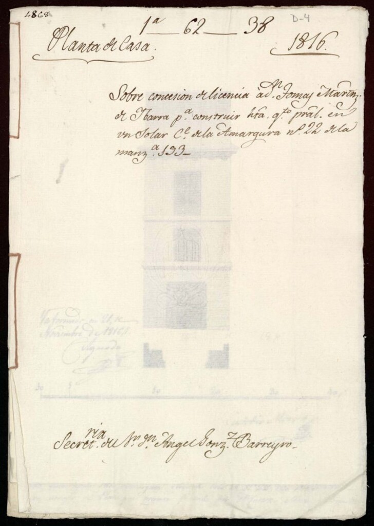 Miniatura de Licencia a Don Tomás Martínez de Ibarra para construir la fachada hasta el cuarto principal de la casa nº 22 antiguo, manzana 193 de la calle de la Amargura (hoy Siete de Julio)