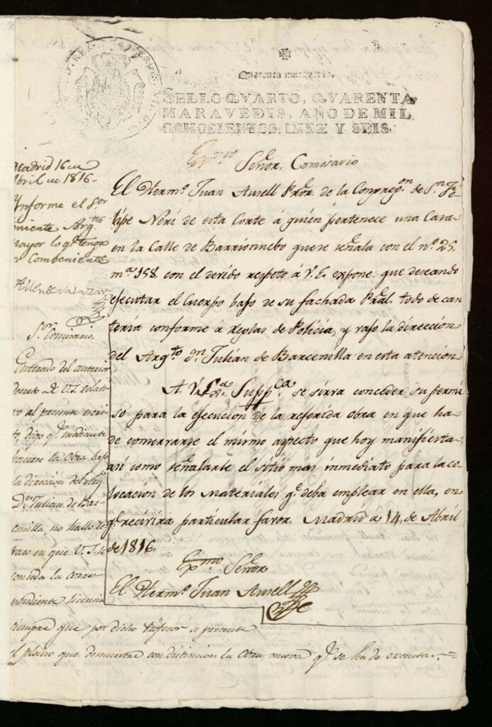 Miniatura de Licencia a Don Juan Amell prior de la congregación de San Felipe Neri para construir el cuerpo bajo de la fachada en la calle de Barrionuevo nº 25 antiguo, manzana 158