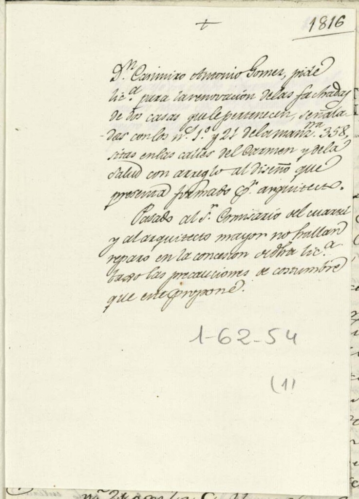 Miniatura de Licencia a Don Casimiro Antonio Gómez para reedificar las casas de la calle de Carmen y Salud nº 1 y 2, manzana 358