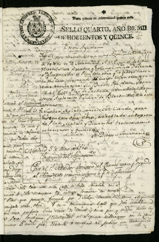 Miniatura de Licencia a Don Franciso Diego de Jesús María, administrador, para reedificar la fachada de la casa en la calle de Toledo nº 4 antiguo, manzana 94