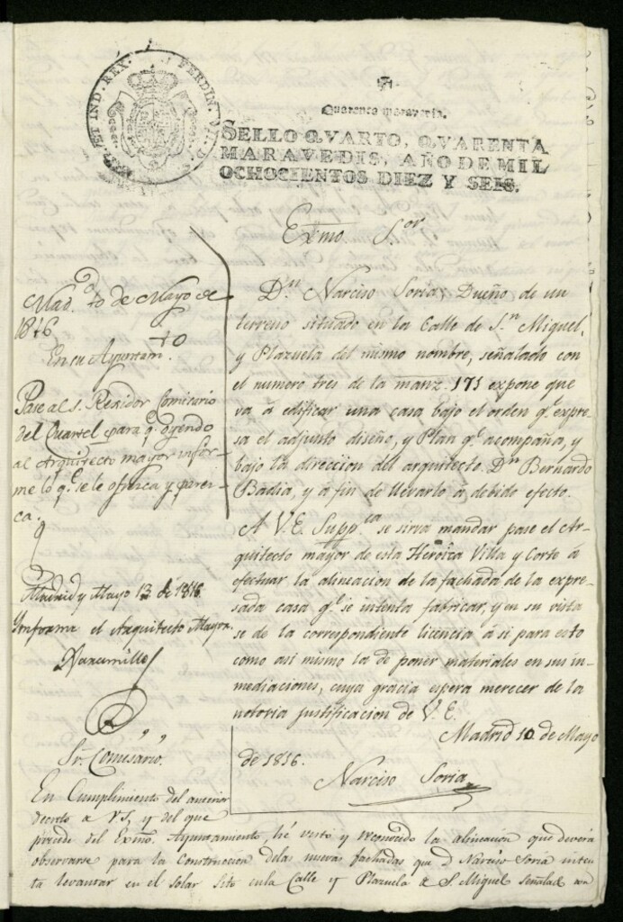 Miniatura de Licencia a Don Narciso Soria para reedificar su casa en la calle y plazuela de San Miguel nº 3 antiguo, manzana 171