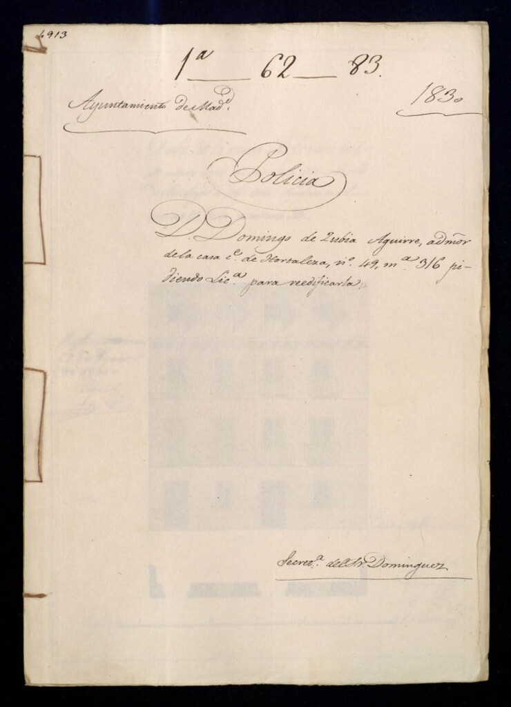 Miniatura de Don Domingo de Zubia Aguirre, administrador de la casa de la calle de Hortaleza, número 49, manzana 316, pidiendo licencia para reedificarla.