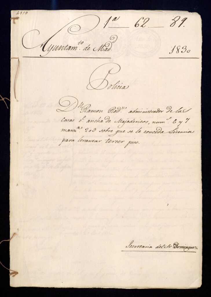Miniatura de Don Ramón Rodríguez, administrador de las casas de la calle ancha de Majaderitos, número 6 y 7 manzana 209 sobre que se le conceda licencia para levantar tercer piso.
