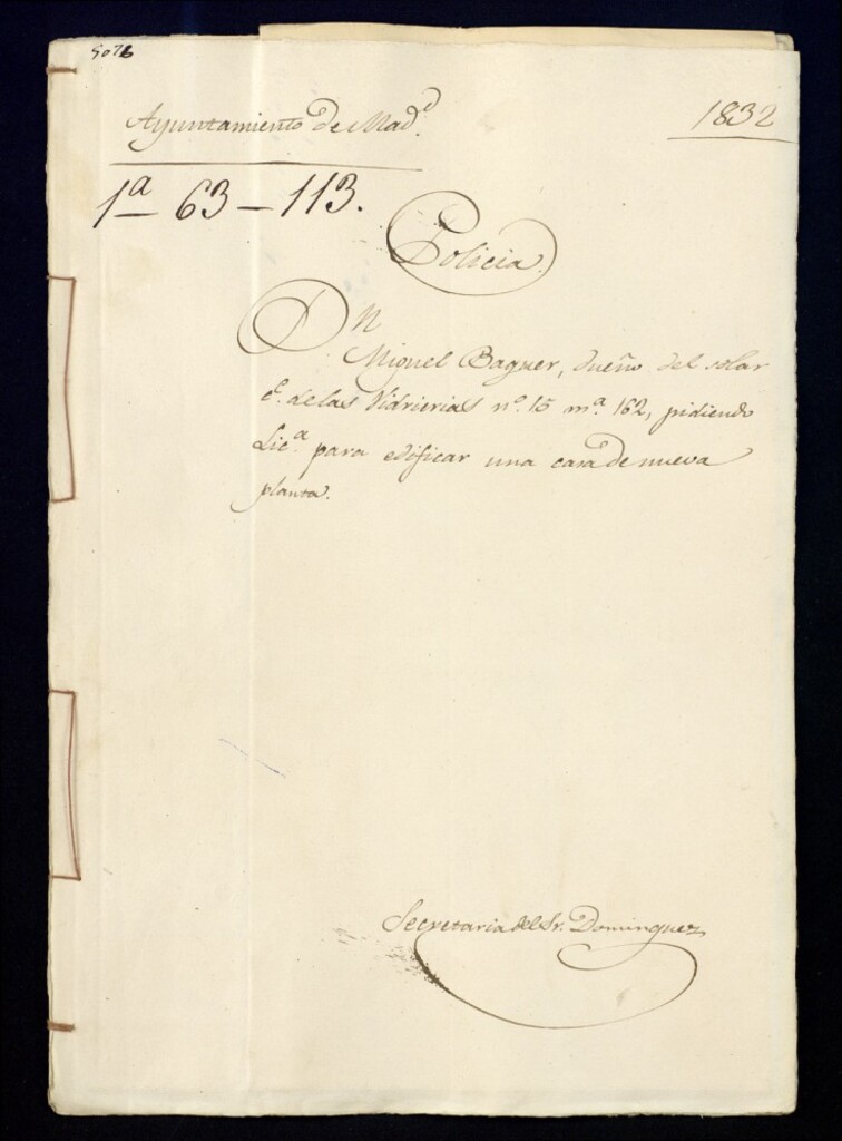 Miniatura de Don Manuel Baguer, dueño del solar de la calle de las Vidrierías, 15, manzana 162, pidiendo licencia para edificar una casa de nueva planta