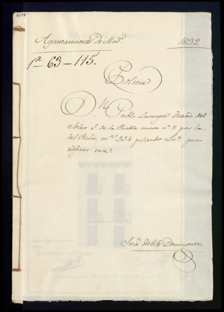 Miniatura de Don Pablo Lavergne dueño del solara de la calle de la Puebla nueva, número 11, por la del Reloj, manzana 554, pidiendo licencia para edificar casa.