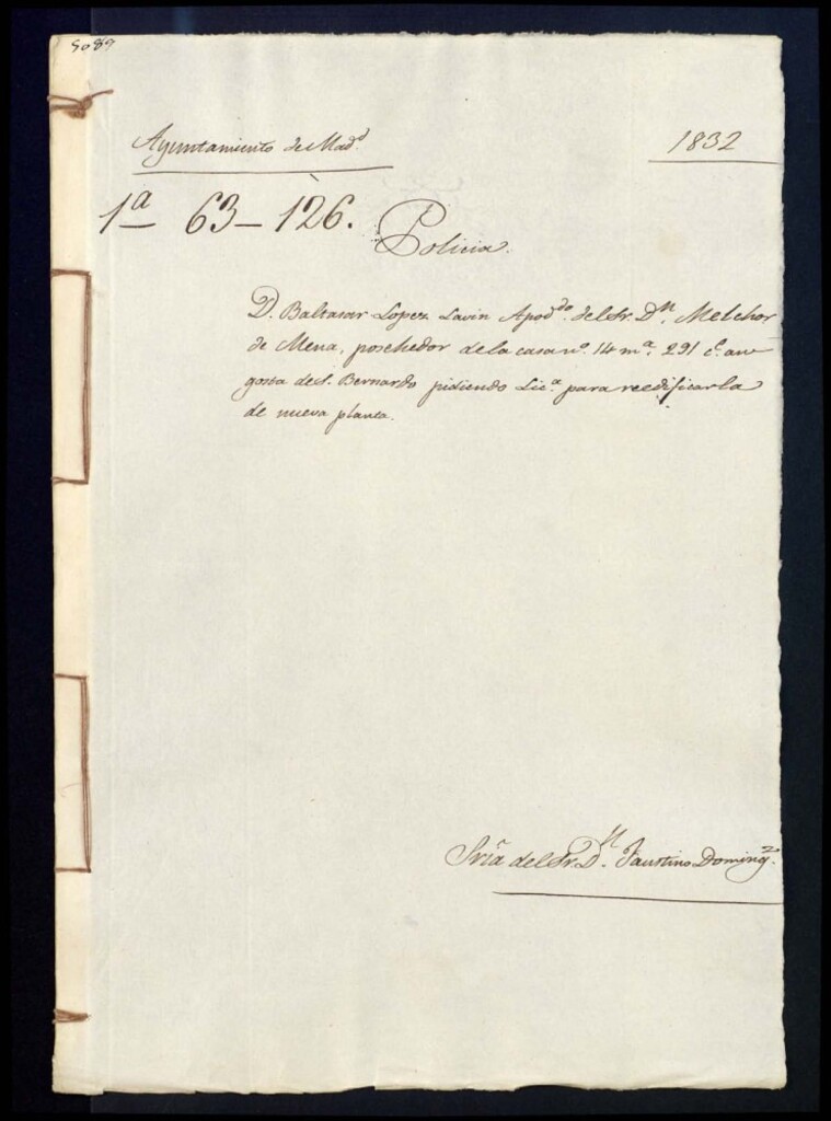 Miniatura de Don Baltasar López Lavin, apoderado del señor don Melchor de Mena, poseedor de la casa número 14, manzana 291, calle angosta de San Bernardo, pidiendo licencia para reedificarla de nueva planta.