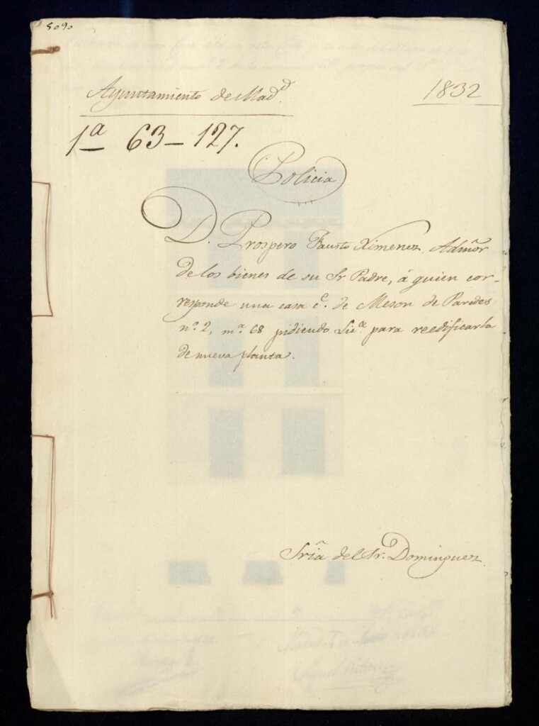 Miniatura de Don Próspero Fausto Jiménez, administrador de los bienes de su señor padre, a quien corresponde una casa en la calle de Mesón de Páredes, 2, manzana 68, pidiendo licencia para reedificarla de nueva planta.