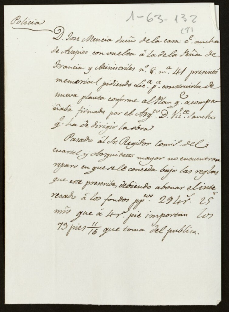 Miniatura de Don José Mencia dueño de la casa de la calle ancha de Avapies con vuelta a la de la Peña de Francia y Ministriles, 8 manzana 41, pidiendo licencia para construirla de nueva planta.
