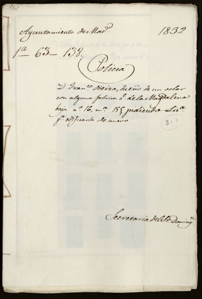 Miniatura de Don Francisco Oteiza dueño de un solar con alguna fábrica en la calle de la Magdalena baja, 16, manzana 155, pidiendo licencia para edificarla de nuevo.
