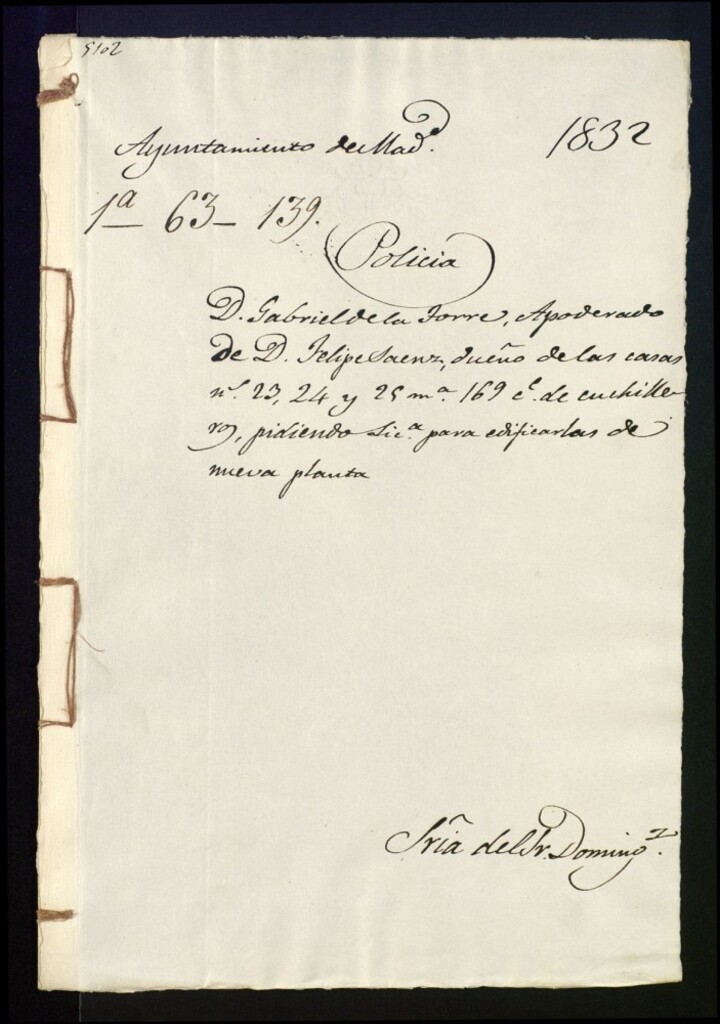 Miniatura de Don Gabriel de la Torre, apoderado de don Felipe Sáenz, dueño de las casas 23, 24 y 25 manzana 169 en la calle de Cuchilleros, pidiendo licencia para edificarla de nueva planta.