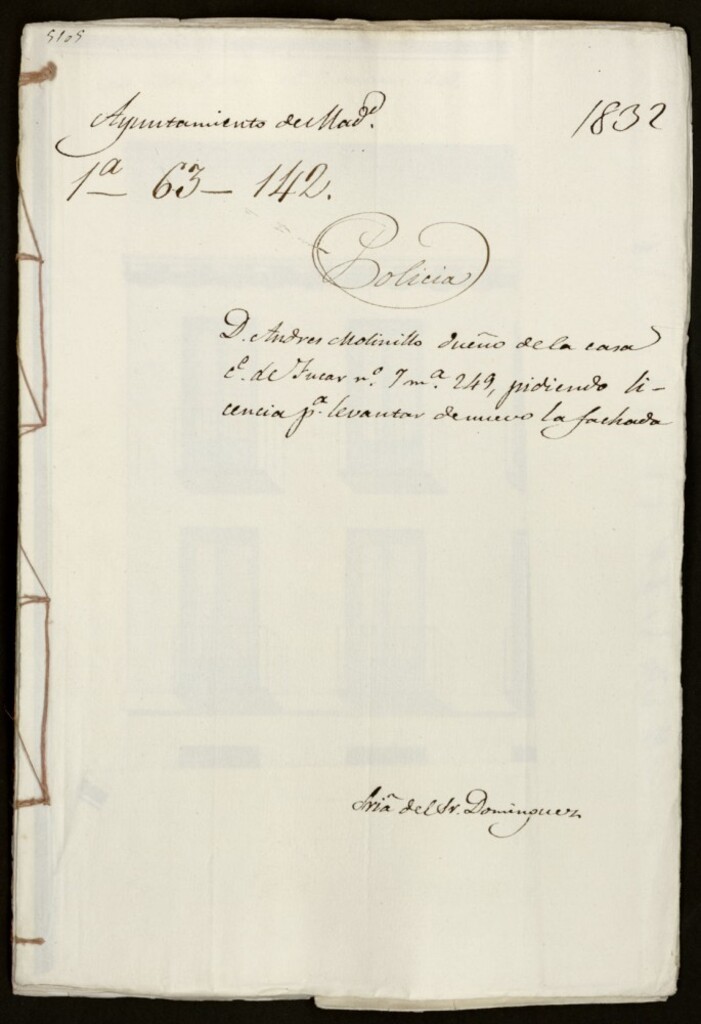 Miniatura de Don Andrés Molinillo dueño de la casa de la calle de Júcar, número 7, manzana 249, pidiendo licencia para levantar de nuevo la fachada.