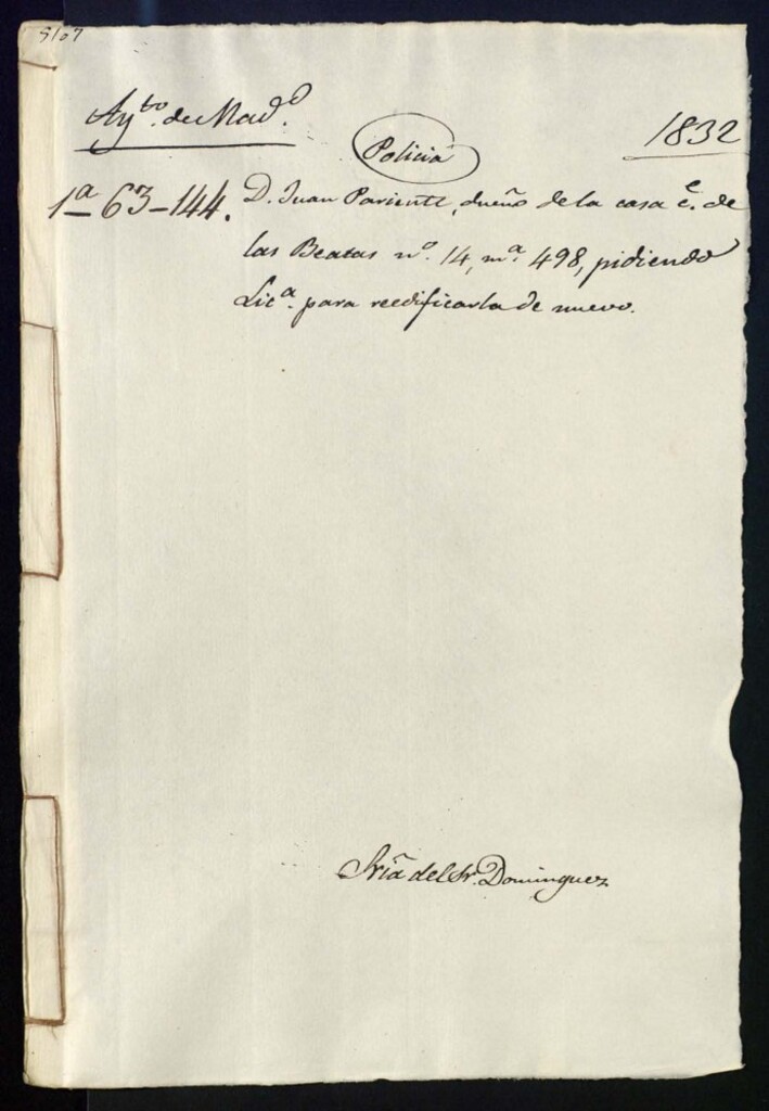 Miniatura de Don Juan Pariente, dueño de la casa de la calle de las Beatas, 14, manzana 498, pidiendo licencia para reedificarla de nuevo