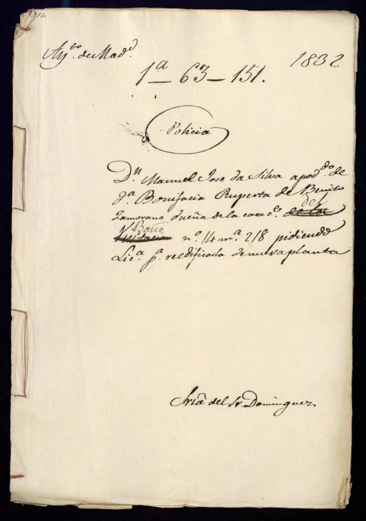 Miniatura de Don Manuel José da Silva, apoderado de doña Bonifacia Ruperta de Benito Zamorano, dueña de la casa de la calle del Baño, 14, manzana 218, pidiendo licencia para reedificarla de nueva planta.