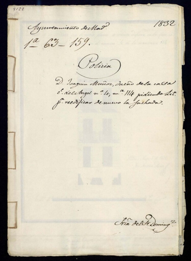 Miniatura de Don Joaquín Muñoz, dueño de la casa de la calle del Ángel, 4, manzana 114, pidiendo licencia para reedificar de nuevo la fachada.