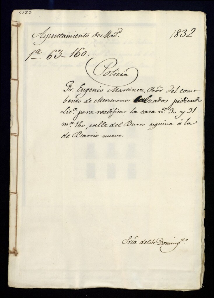 Miniatura de Ray Eugenio Martínez, prior del convento de mercedarios calzados pidiendo licencia para reedificar la casa número 30 y 31 manzana 160, calle del Burro esquina a la del Barrio Nuevo.