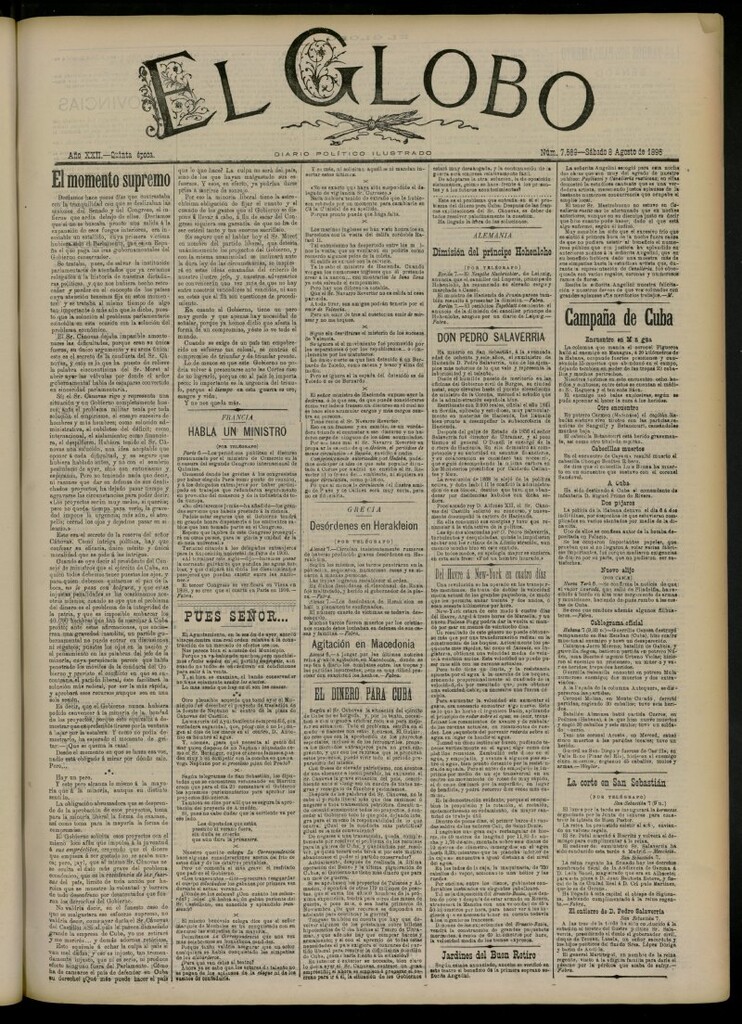 Miniatura de El Globo : diario ilustrado del 8 de agosto de 1896, nº 7569