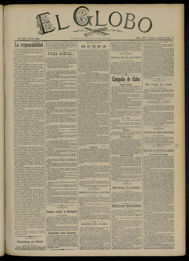 Miniatura de El Globo : diario ilustrado del 9 de agosto de 1896, nº 7570