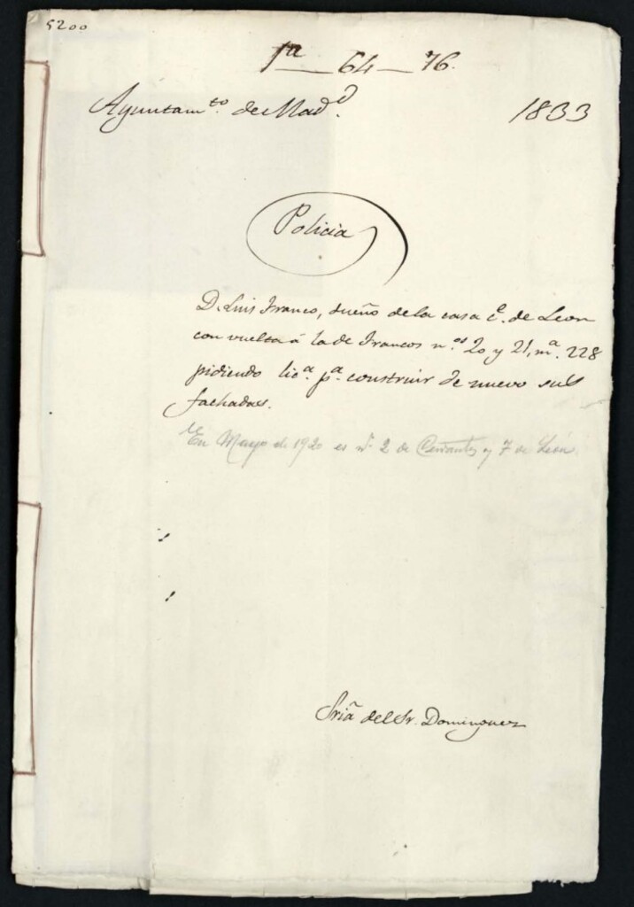 Miniatura de Don Luis Franco, dueño de la casa de la calle de León con vuelta a la de Francos, 20 y 21, manzana 228, pidiendo licencia para construir de nuevo sus fachadas. En Mayo de 1920 es número 2 de la calle de Cervantes y 7 de la calle de León