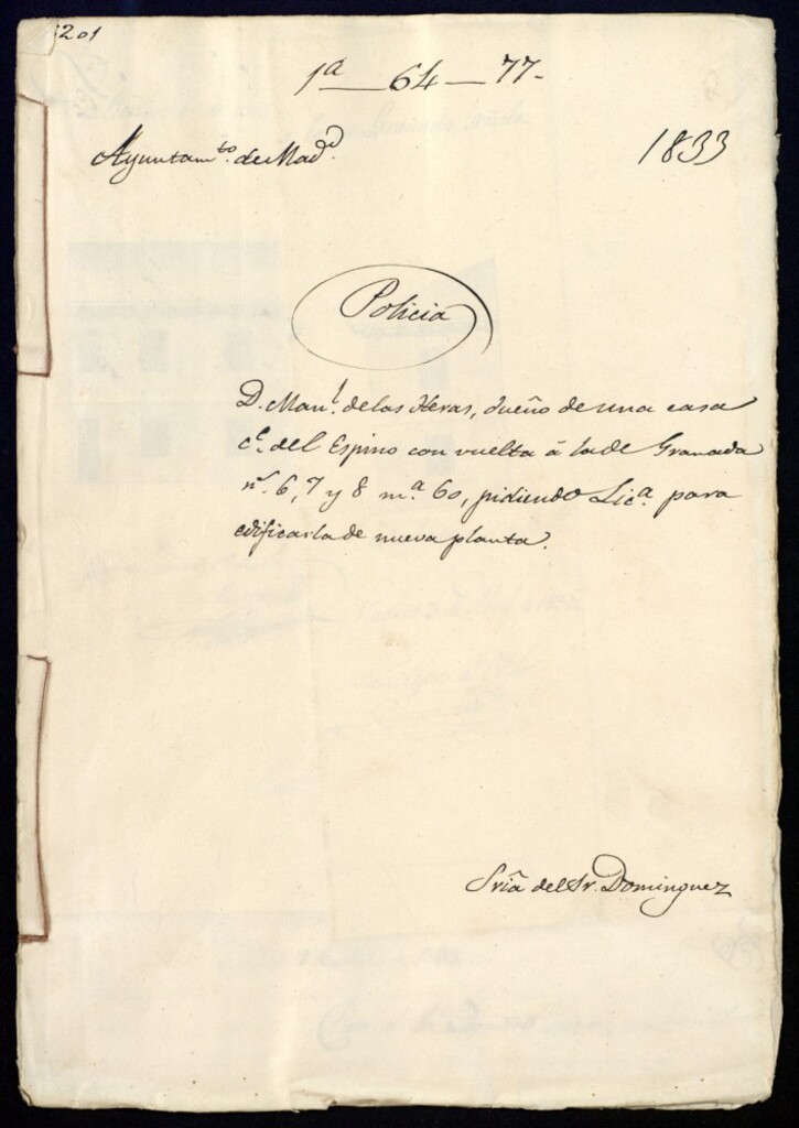 Miniatura de Don Manuel de las Heras, dueño de una casa en la calle del Espino con vuelta a la de Granada, 6, 7 y 8 manzana 60, pidiendo licencia para edificarla de nueva planta.