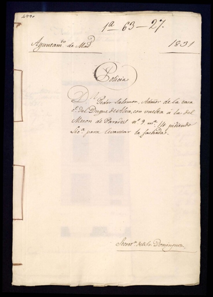 Miniatura de Don Pedro Salomón, administrador de la casa de la calle del Duque de Alba, con vuelta a la del Mesón de Paredes, 9, manzana 14 pidiendo licencia para levantar la fachada.
