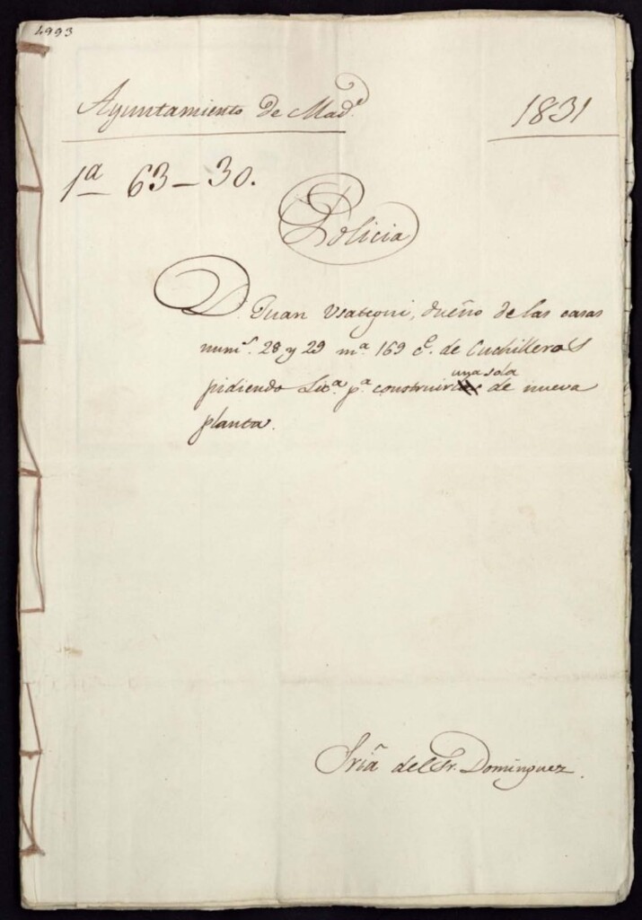 Miniatura de Don Juan Usategui, dueño de las casas número 28 y 29 manzana 169 de la calle de Cuchilleros, pidiendo licencia para construir una sola de nueva planta