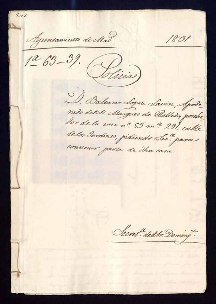 Miniatura de Don Baltasar López Lavin, apoderado del marqués de Robledo, poseedor de la casa número 53 manzana 29, calle de los Jardines, pidiendo licencia para construir parte de la dicha casa