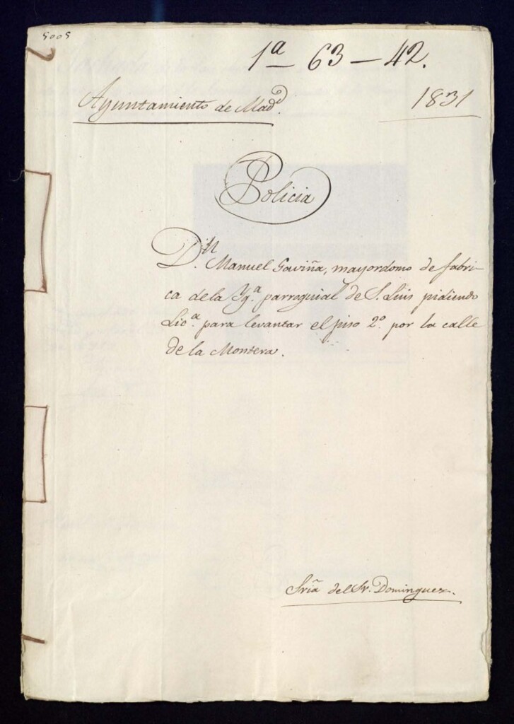 Miniatura de Don Manuel Gaviña, mayordomo de fábrica de la Iglesia parroquial de San Luis pidiendo licencia para levantar el piso segundo por la calle de la Montera