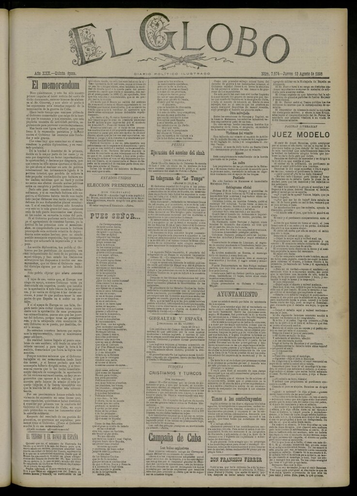 Miniatura de El Globo : diario ilustrado del 13 de agosto de 1896, nº 7574