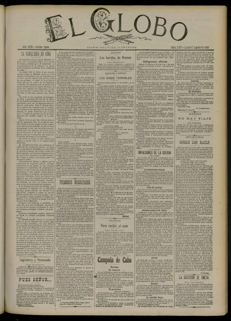 Miniatura de El Globo : diario ilustrado del 17 de agosto de 1896, nº 7577