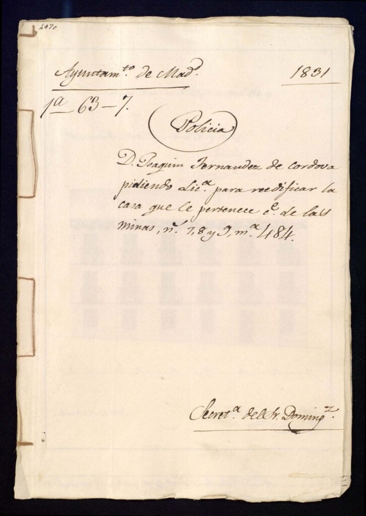 Miniatura de Don Joaquín Fernández de Córdoba pidiendo licencia para reedificar la casa que le pertenece en la calle de las Minas, 7, 8 y 9, manzana 484