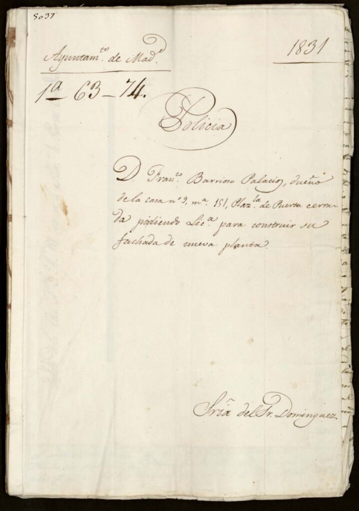Miniatura de Don Francisco Barrioso Palacios, dueño de la casa número 9, manzana 151, Plazuela de Puerta Cerrada pidiendo licencia para construir su fachada de nueva planta