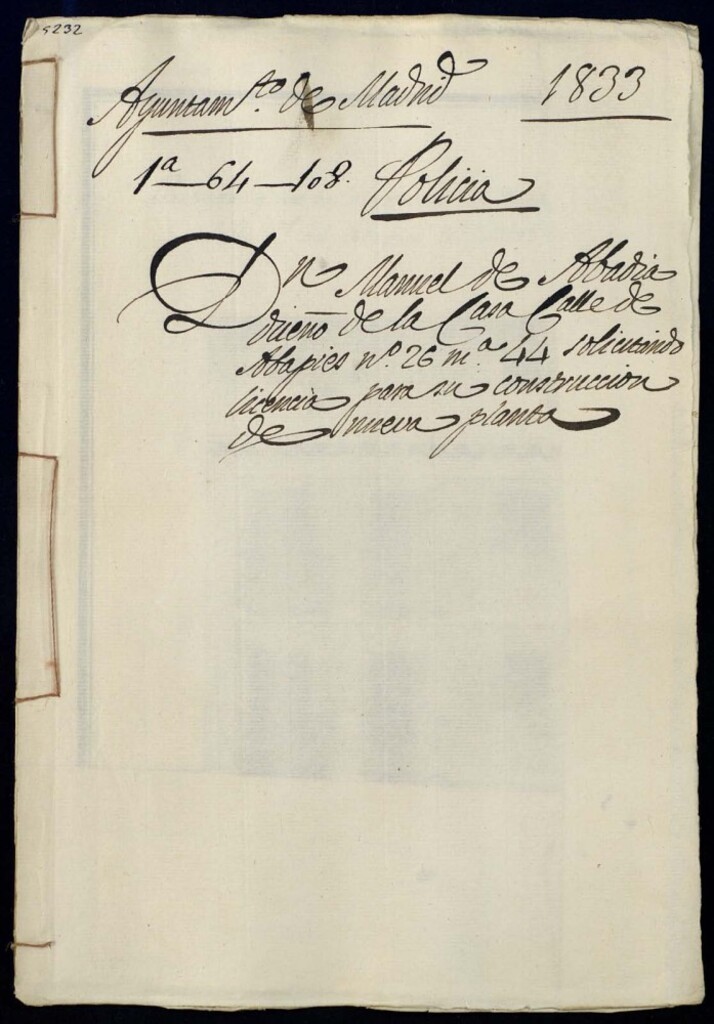 Miniatura de Don Manuel de Abadía dueño de la casa de la calle de Avapies, 26, manzana 44 solicitando licencia para su construcción de nueva planta.