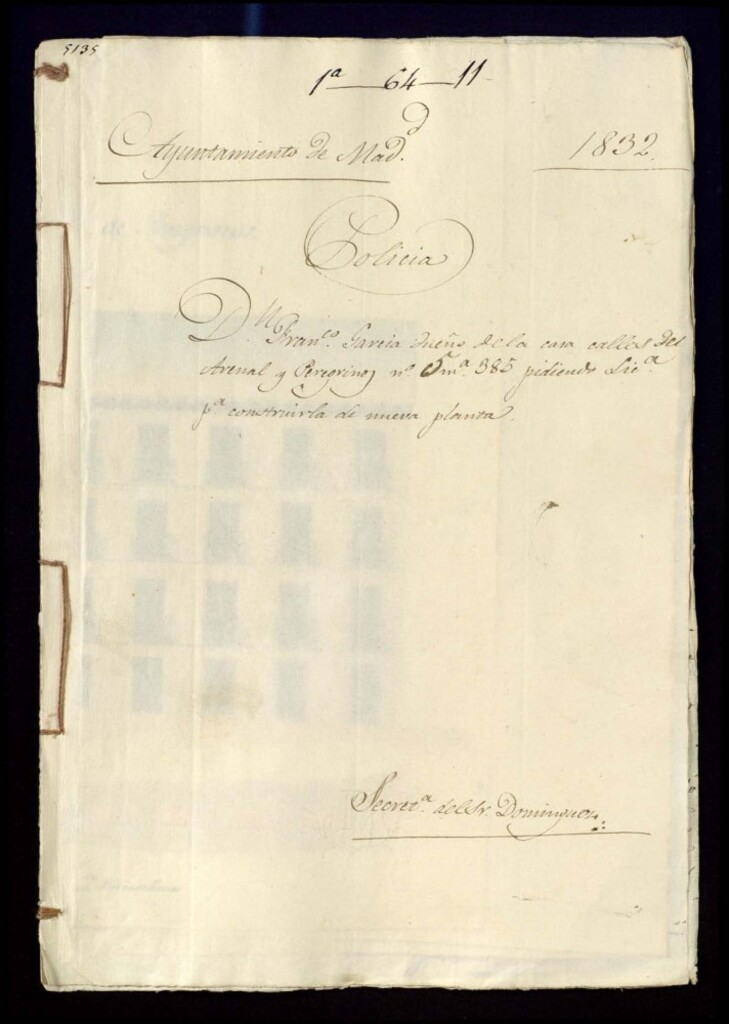 Miniatura de Don Francisco García dueño de la casa de las calles del Arenal y Peregrinos, 5, manzana 385, pidiendo licencia para construirla de nueva planta.