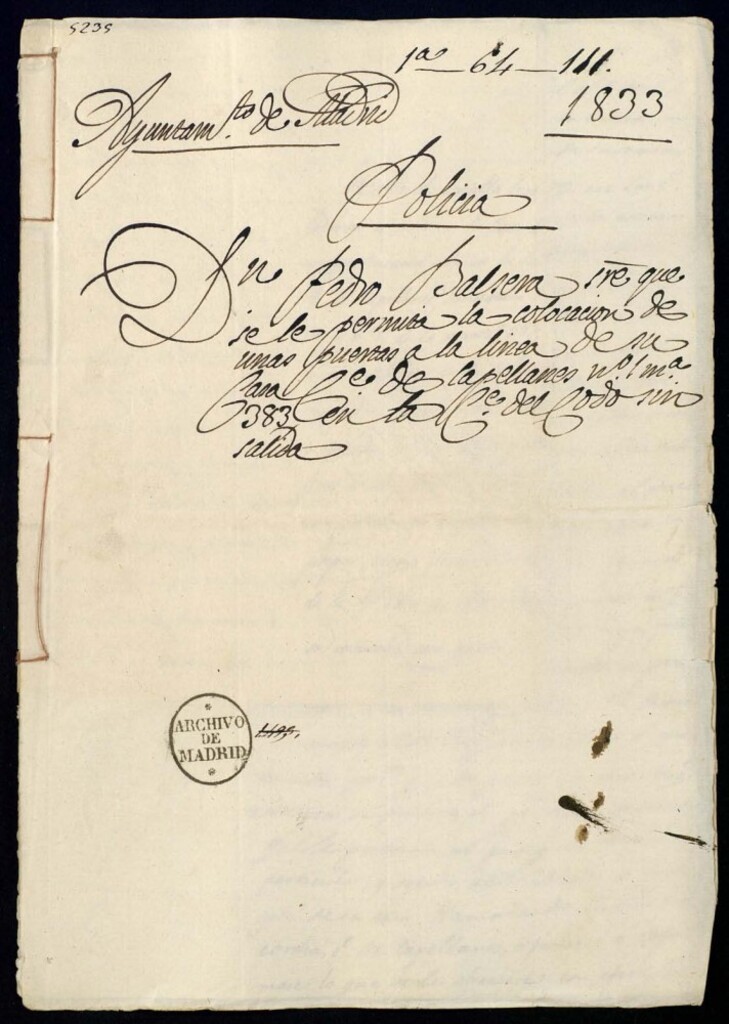 Miniatura de Don Pedro Balsera que solicita se le permita la colocación de unas puertas a la línea de su casa de la calle de Capellanes, 1, manzana a 383, en la calle del Codo sin salida.