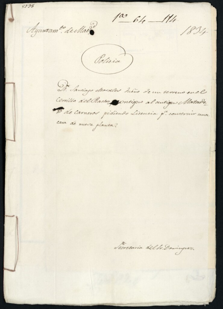 Miniatura de Don Santiago Morales, dueño de un terreno en el Cerrillo del Rastro contiguo al antiguo Matadero de Carneros pidiendo licencia para construir una casa de nueva planta.