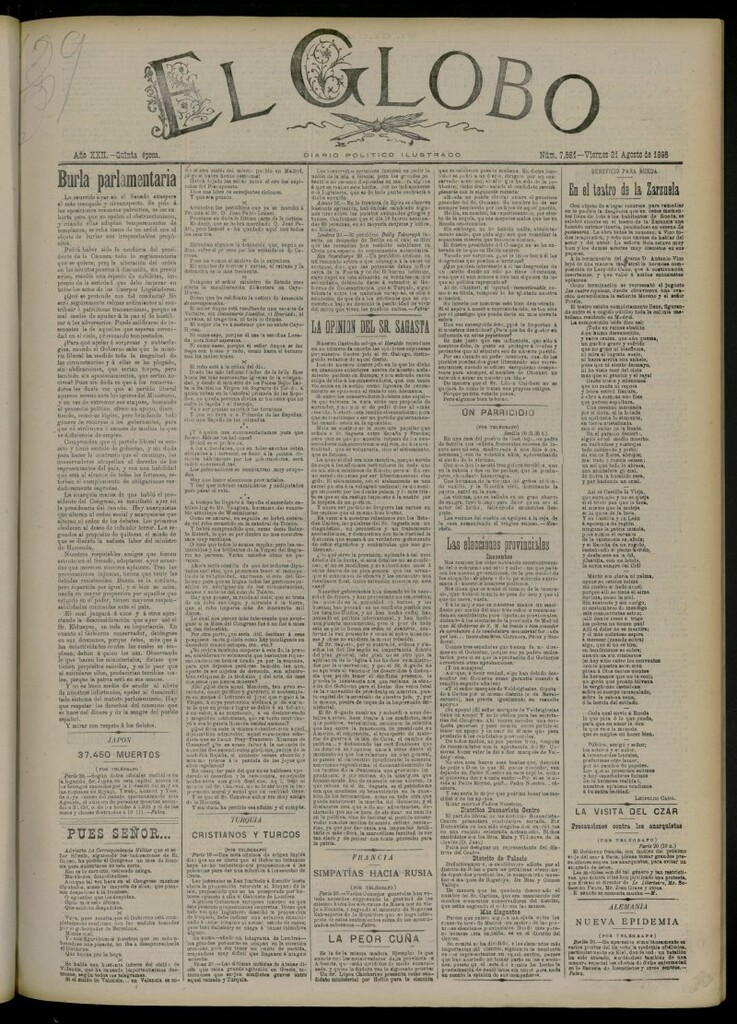 Miniatura de El Globo : diario ilustrado del 21 de agosto de 1896, nº 7581