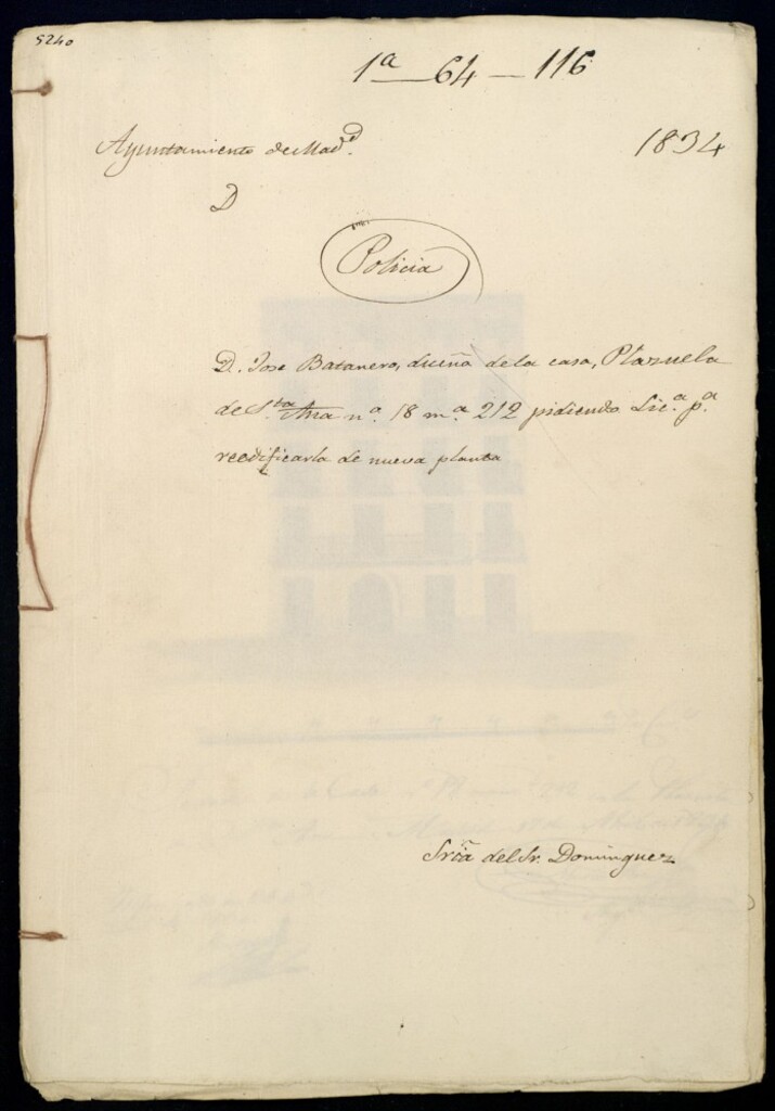 Miniatura de Don José Batanero Liceño de la casa, Plazuela de Santa Ana, 18, manzana 212, pidiendo licencia para reedificarla de nueva planta.