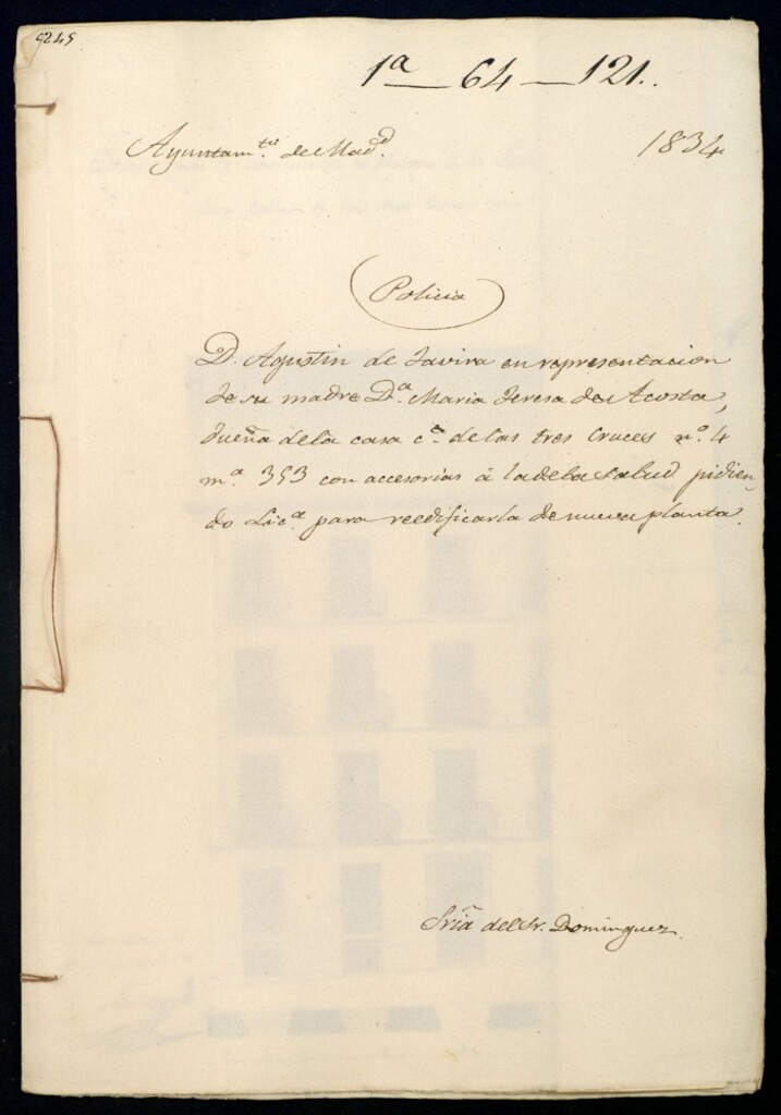 Miniatura de Don Agustin de Tabira en representacion de su madre Dª María Teresa de Acosta, dueña de la casa, calle de las tres Cruces nº 4 manzana 353 con accesorias a la de la Salud pidiendo licencia para reedificarla de nueva planta.