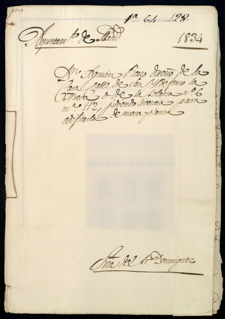 Miniatura de Don Agustin Picazo, dueño de la casa, callle de San Ildefonso la Nueva o de la Solana, nº 6, manzana 112, pidiendo licencia para edificarla de nueva planta.