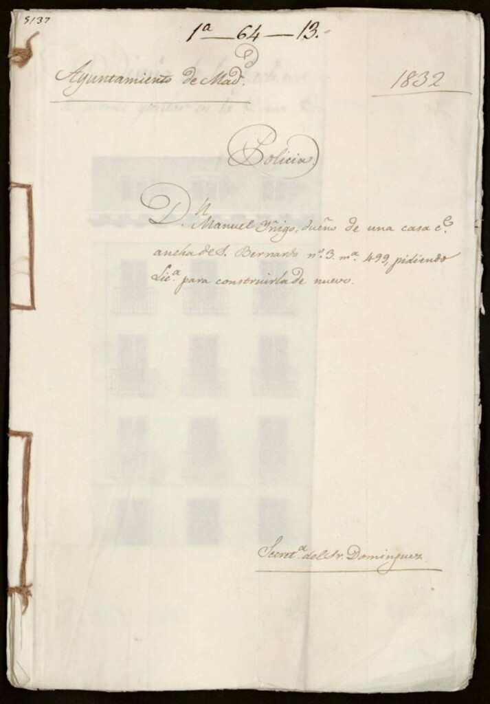 Miniatura de Don Manuel Iñigo, dueño de una casa en la calle ancha de San Bernardo, 3, manzana 499, pidiendo licencia para construirla de nuevo.