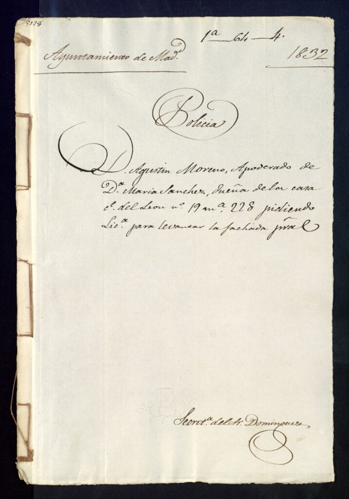Miniatura de Don Agustín Moreno, apoderado de doña María Sánchez, dueña de la casa de la calle del León, 19, manzana 228, pidiendo licencia para levantar la fachada principal.