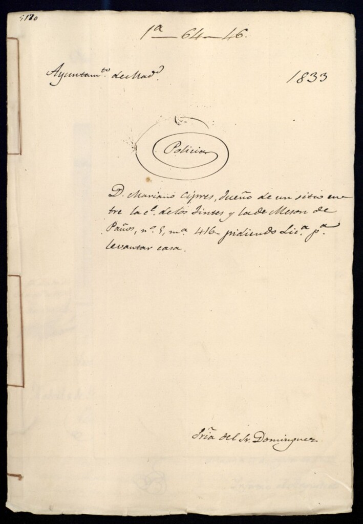 Miniatura de Don Marciano Ciprés, dueño de un sitio entre la calle de los tintes y la de Mesón de Paños, 5, manzana 416, pidiendo licencia para levantar casa.