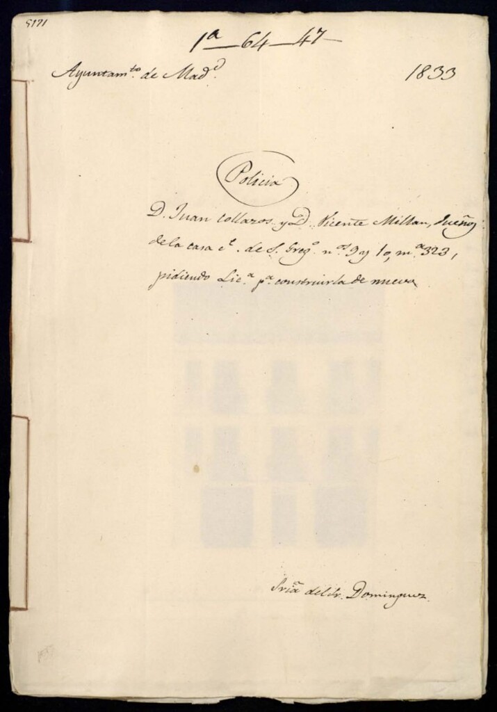Miniatura de Don Juan Collazos y don Vicente Millán, dueño de la casa de la calle de San Gregorio, número 9 y 10, manzana 323, pidiendo licencia para construirla de nuevo